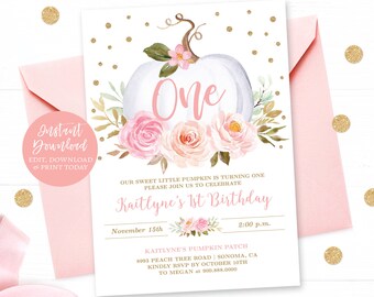 Girl First Birthday Invitation, Editable Pumpkin 1st Birthday Invitation Template, Fall, Printable, Pink, Floral, Girl, One, MCP827, CJB