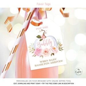 Printable Pumpkin Baby Shower Champagne Tags, Editable Baby Shower Champagne Bottle Tag Template, Bubbly, Girl Baby Shower, MCP826, CJB