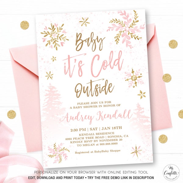 Winter Snow Baby Shower Invitation Girl, Baby it's Cold Outside, Printable Baby Shower Template, EDITABLE, Girl, Snowflake, MCP842, CJB