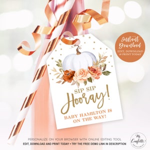 Sip Sip Hooray! Pumpkin Baby Shower Champagne Tags, Printable Baby Shower Champagne Bottle Tag Template, Pumpkin, Fall, Autumn, MCP92, CJB