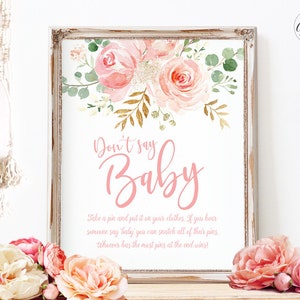 Don&#39;t Say Baby Printable Baby Shower Game Sign, Blush Pink Floral Baby Shower Game Sign, Baby Shower Activities, Girl, Boho, MCP820