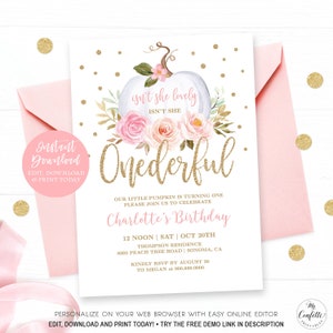 Onederful Fall Birthday Invitation, Editable Pumpkin 1st Birthday Invitation Template, Printable, Fall, Pink, Floral, Girl, One, MCP827, CJB