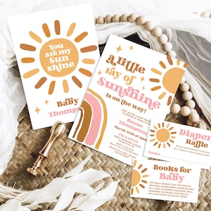 A Little Ray of Sunshine is on the Way, Baby Shower Invitation Bundle Template, Editable, Sunshine, Rainbow, Retro, Pink, Girl, MCP107, CJB