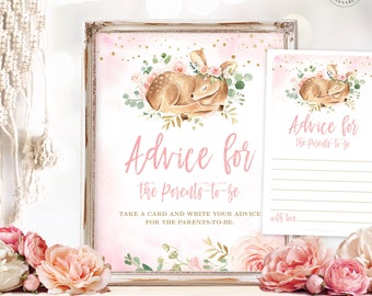 Advice for the Parents-to-Be Sign & Cards Set, Printable Baby Shower Advice Cards, Girl Baby Shower, Blush, Pink, Baby Deer, MCP838
