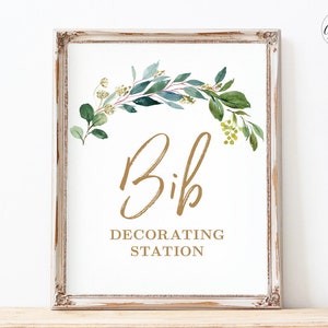 Bib Decorating Station Sign, Printable Baby Shower Decorate A Bib Sign, Greenery, Neutral, MCP813, MCP814