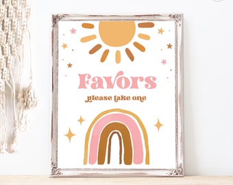 Sunshine & Rainbow Favors Sign, Printable Favors Sign, Retro, Sun, Pink, Boho, Girl Baby Shower, Birthday, MCP107