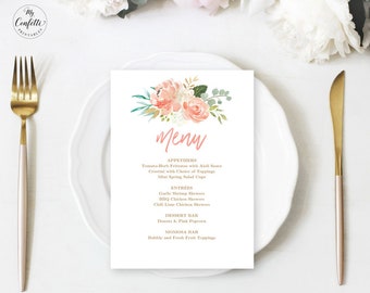 Printable Peach Floral Menu, Editable Menu Template, Baby Shower, Birthday Party, MCP808, MCP809, MCP810, MCP811, MCP812, CJB