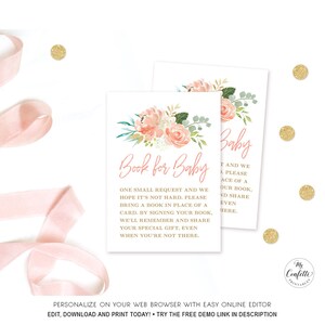 Peach Floral Book for Baby Insert Card, Editable Books for Baby Card, Girl Baby Shower Card, Gold, Boho, MCP808, CJB