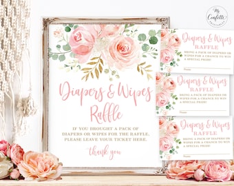 Baby Shower Diapers & Wipes Raffle Sign and Ticket Cards, Printable Diaper and Wipes Raffle Set, Blush Pink Floral Boho, Girl, MCP820