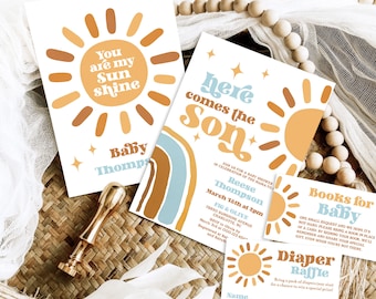 Here Comes the Son Baby Shower Invitation Bundle Template, Editable, Boy, Sunshine, Rainbow, Retro, Sun, Blue, Boho, Terracotta, MCP101, CJB