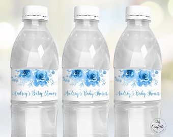 Blue Floral Water Bottle Labels, Printable Water Bottle Label Template, Boy Baby Shower, Editable Text, MCP93, CJB