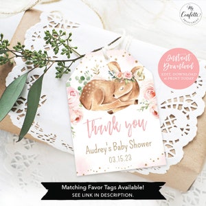 May include: Pink and gold thank you tag with a watercolour illustration of a fawn wearing a floral crown. The tag says "Thank you" and "Audrey's Baby Shower 03.15.23".