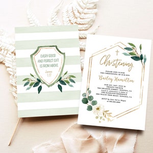 May include: A green and gold christening invitation with a watercolor floral design. The invitation includes the text "Christening" and "Please join us for the christening of our son Bailey Hamilton".