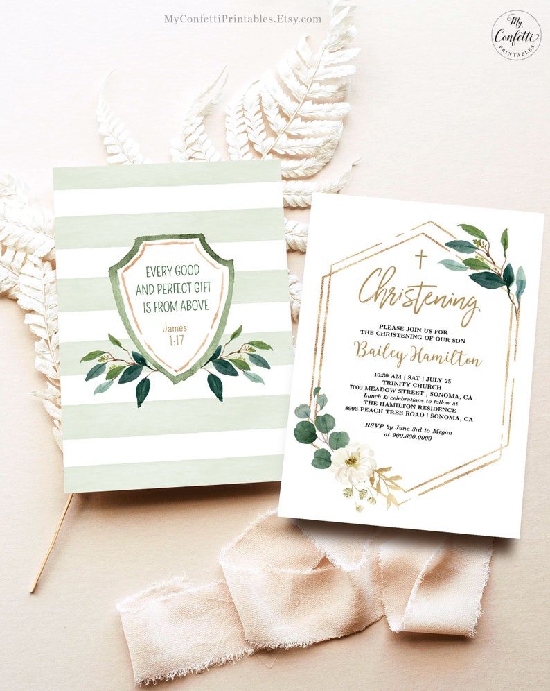 May include: A green and gold christening invitation with a watercolor floral design. The invitation includes the text "Christening" and "Please join us for the christening of our son Bailey Hamilton".