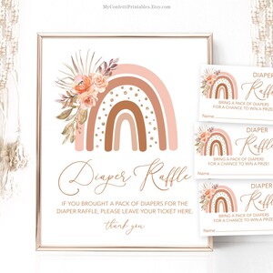 Diaper Raffle Sign and Cards, Printable Baby Shower Diaper Raffle Sign and Ticket Cards, Peachy Pink Boho Rainbow, Girl, Floral, MCP103