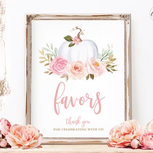 Baby Shower Favors Sign, Printable Birthday Party Favors Sign, White Pumpkin, Fall, Autumn, Pink Floral, Boho, Girl, 8x10, MCP826, MCP827 image 1