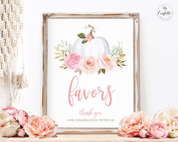 Baby Shower Favors Sign, Printable Birthday Party Favors Sign, White Pumpkin, Fall, Autumn, Pink Floral, Boho, Girl, 8x10, MCP826, MCP827