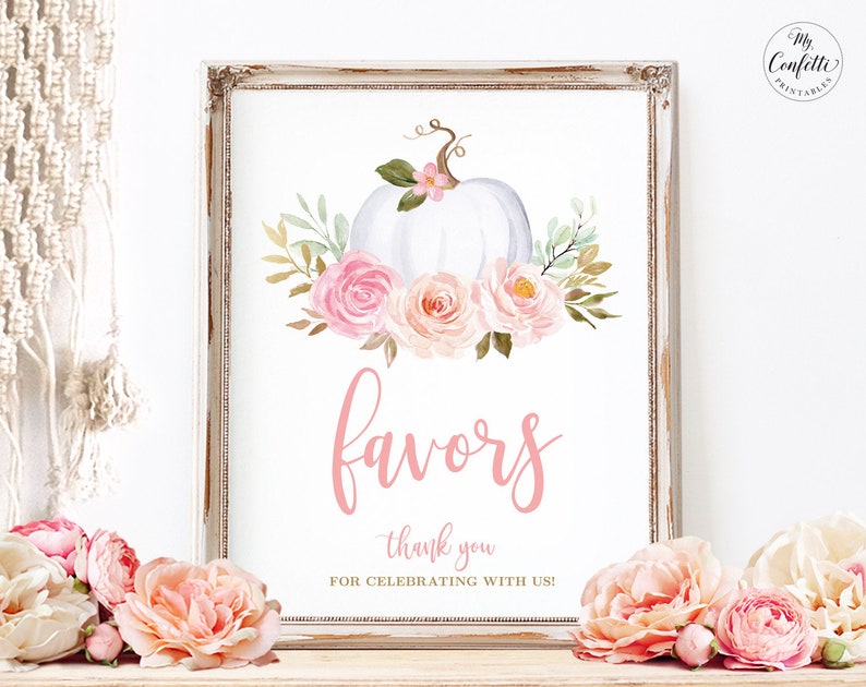 Baby Shower Favors Sign, Printable Birthday Party Favors Sign, White Pumpkin, Fall, Autumn, Pink Floral, Boho, Girl, 8x10, MCP826, MCP827 image 1