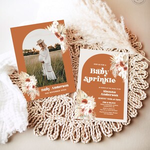 Editable Boho Baby Sprinkle Invitation Template, Printable, Invite, Pampas, Palm, Arch, Terracotta, Rust Orange, Boy, Girl, MCP111, CJB