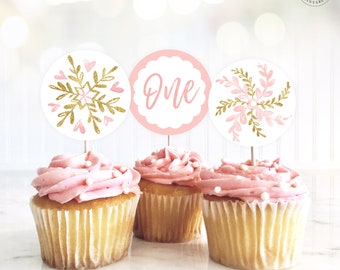 Baby's First Birthday Cupcake Toppers, Printable One Cupcake Toppers, Pink, Snowflake, Winter 1st Birthday, Baby Girl Birthday, MCP843