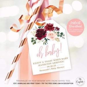 Oh Baby! Pink Burgundy Floral Baby Shower Favor Tags, Champagne Bottle Tag, Printable Favor Tag Template, Editable, Baby Shower, MCP816, CJB