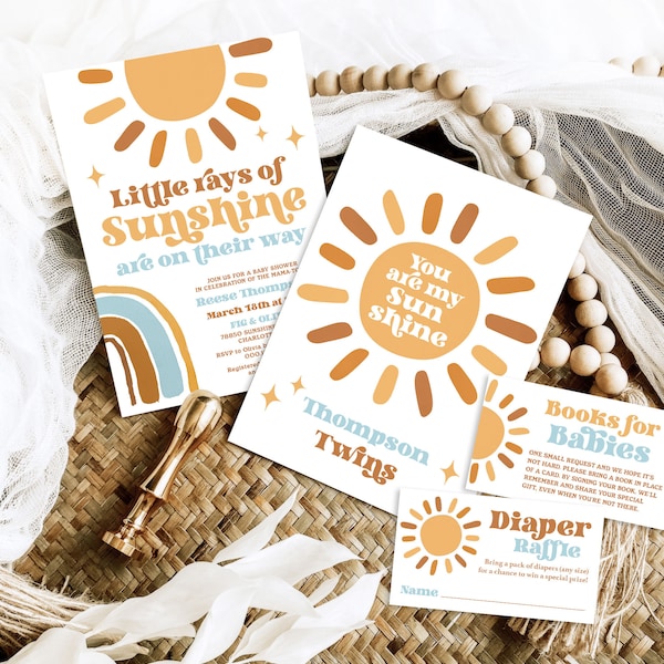 TWINS Baby Shower Invitation Bundle Template, Editable, Twin Boys, Sunshine, Rainbow, Retro, 70's, Sun, Blue, Boho, Terracotta, MCP101, CJB