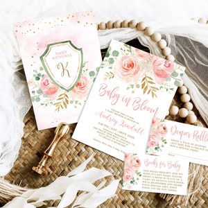 Baby in Bloom Baby Shower Invitation Template, EDITABLE, Printable Baby Shower Invitation Girl Bundle, Boho, Blush Pink Floral, MCP820, CJB