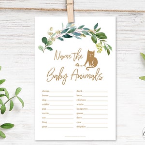 Baby Shower Game, Name the Baby Animals Printable Baby Shower Game, Rustic, Greenery, Woodland, Green, Gold, MCP813, MCP814