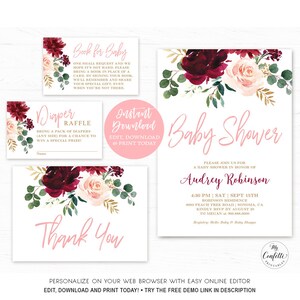 Baby Shower Invitation Template, Printable Baby Shower Invitation Bundle, EDITABLE, Burgundy Pink Floral, Plum, Blush, Boho, MCP816, CJB