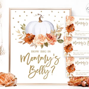 How Big is Mommy's Belly Game, Printable Baby Shower Game Sign and Answer Cards, Pumpkin, Fall, Autumn, Gender Neutral, Boy, Girl, MCP92
