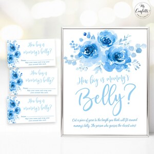 Baby Shower Game Sign and Answer Cards, How Big is Mommy's Belly? Printable Baby Shower Game, Blue Floral, Boy Baby Shower, MCP93
