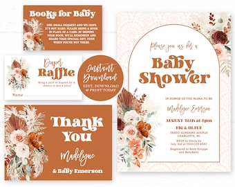 Editable Baby Shower Invitation Bundle Template, Printable, Boho Floral, Pampas, Arch, Terracotta, Rust Orange, Boy, Girl, MCP112, CJB