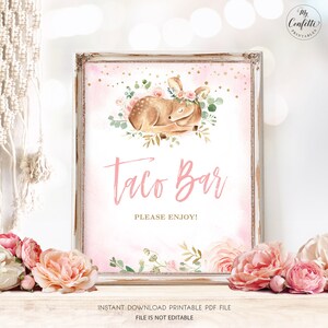 Taco Bar Sign, Printable Taco Bar Sign for Baby Shower or Birthday, Girl Baby Shower, Baby Deer, Pink, Blush, MCP838