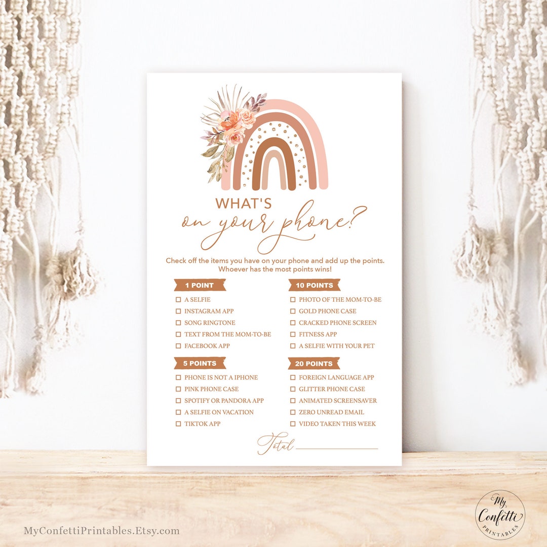 What's on Your Phone Game, Pink Boho Rainbow, Printable Baby