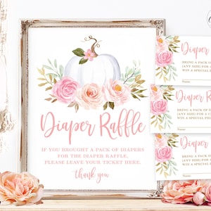 Pumpkin Baby Shower Diaper Raffle Sign and Raffle Tickets, Printable Baby Shower Diaper Raffle Set, Fall, Autumn, Boho, Girl, MCP826