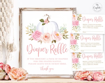 Pumpkin Baby Shower Diaper Raffle Sign and Raffle Tickets, Printable Baby Shower Diaper Raffle Set, Fall, Autumn, Boho, Girl, MCP826