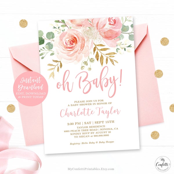 Blush Pink Floral Baby Shower Invitation, EDITABLE Invitation, Printable Baby Shower Invitation Template, Blush Pink, Oh Baby, MCP820, CJB