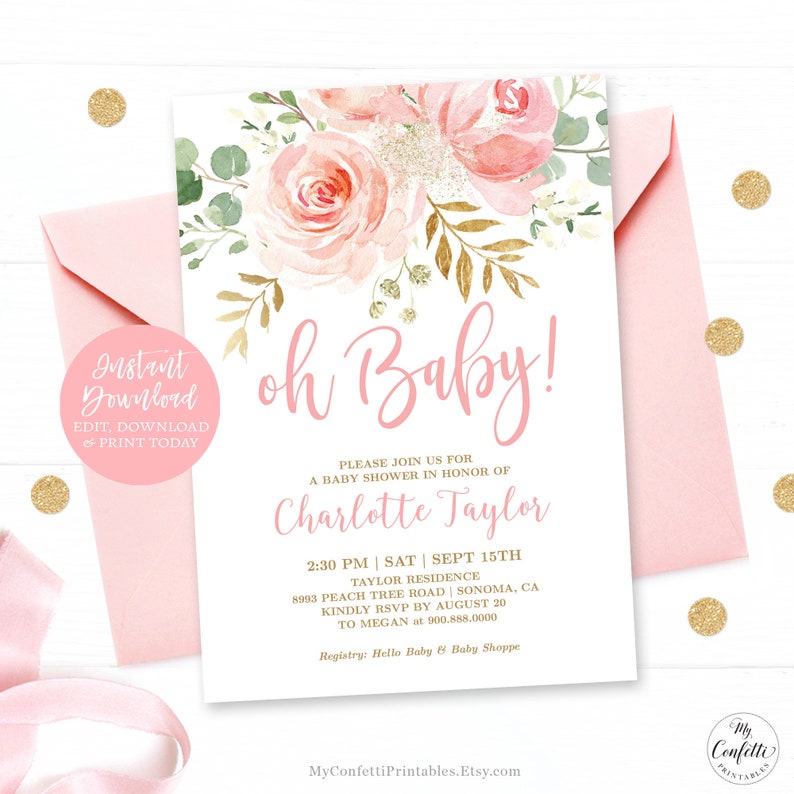 Blush Pink Floral Baby Shower Invitation, EDITABLE Invitation, Printable Baby Shower Invitation Template, Blush Pink, Oh Baby, MCP820, CJB Bild 1