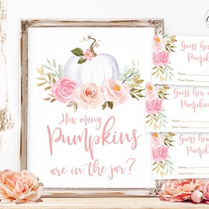 Baby Shower Game Sign and Answer Cards, How Many Pumpkins are in the Jar? Printable Baby Shower Game, Pumpkin, Fall, Boho, Girl, MCP826