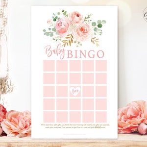 Printable Baby Bingo Game, Baby Shower Game, Blush Pink Floral, Gold, Girl Baby Shower Party Games, MCP820