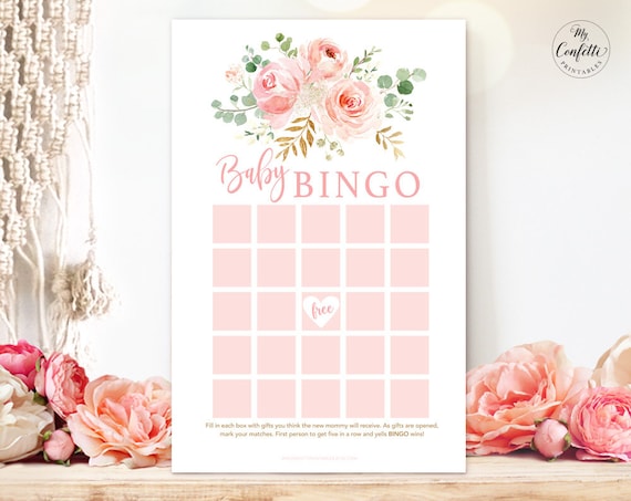 Printable Baby Bingo Game, Baby Shower Game, Blush Pink Floral, Gold, Girl Baby Shower Party Games, MCP820