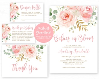 May include: A pink and gold floral baby shower invitation with the text "Babies in Bloom" and the name "Audrey Kendall". The invitation includes the date, time, and location of the event. It also includes a request for guests to bring a book in place of a card.