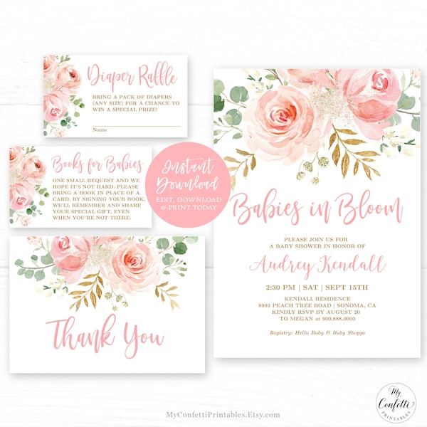 TWINS Baby Shower Invitation Template, Babies in Bloom Printable Invitation Bundle, EDITABLE, Blush Pink Floral, Twin Girls, MCP820, CJB