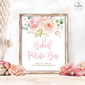 Baked Potato Bar Sign, Printable Baked Potato Bar Sign, Baby Shower, Blush Pink Floral, Boho, MCP820
