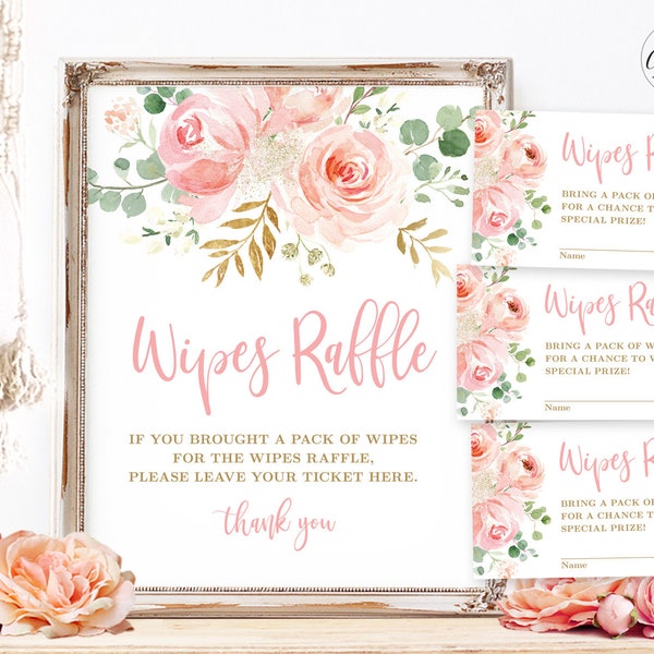 Baby Shower Wipes Raffle Sign and Ticket Cards, Printable Baby Shower Wipes Raffle Sign and Cards Set, Blush Pink Floral Boho, Girl, MCP820