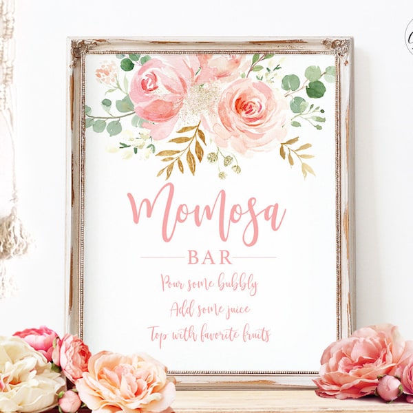 Baby Shower Momosa Bar Sign, Printable Baby Shower Mom-osa Bar Sign, Boho, Blush Pink Floral, Girl Baby Shower Decor, 8x10, MCP820