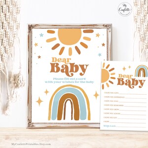 Dear Baby Sign and Card, Printable Cards and Sign, Sunshine, Rainbow, Retro, Sun, Blue, Boho, Boy Baby Shower, Download, MCP101