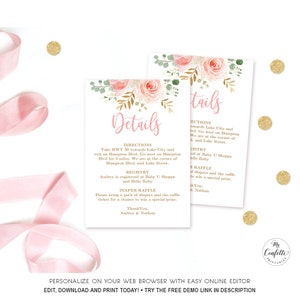 Blush Pink Floral Details Card, Baby Shower Information Card, Birthday, Details Card, Gold, Girl, MCP820, MCP821, CJB
