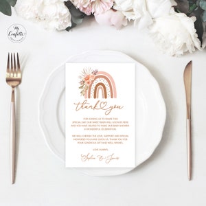 Boho Rainbow Thank You Note Card, Editable Thank You Note Cards, Printable, Girl, Baby Shower, Peachy Pink Rainbow, Floral, MCP103, CJB