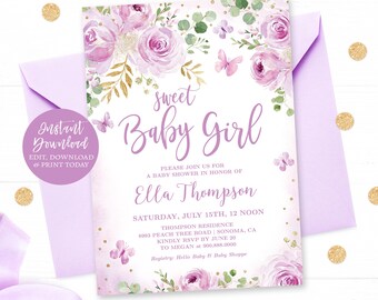 Editable Baby Shower Invitation Template, Sweet Baby Girl, Printable, Invite, Lavender, Lilac, Purple, Butterfly, Floral, Boho, MCP104, CJB